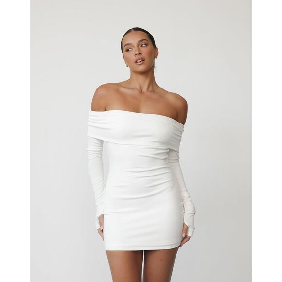 Lioness Isadora White Off Shoulder Thumbholes Long Sleeve Mini Bodycon Dress S - Picture 1 of 13